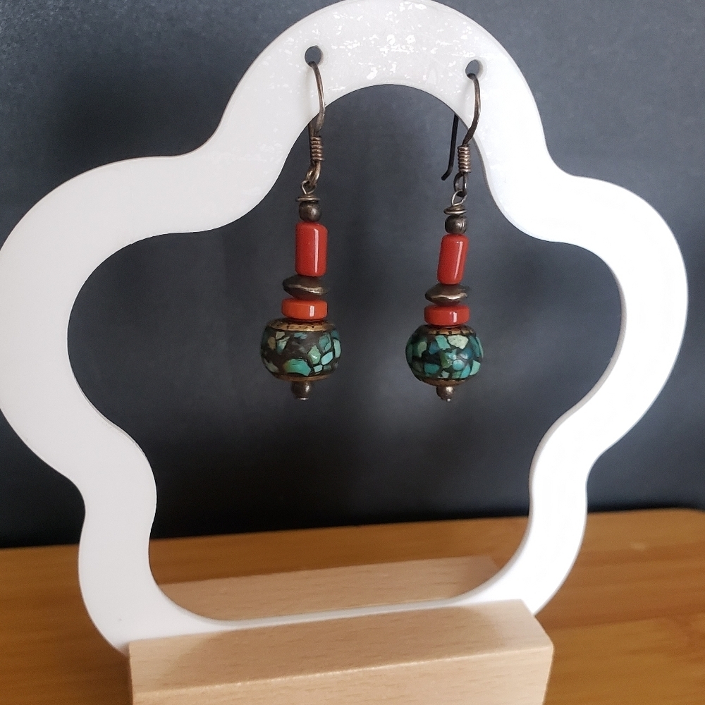 925 stamped Turquoise and Red Beaded Earrings Tibetan jewelry earrings